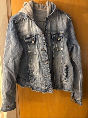 Light Wash Denim Jacket with Gray Hood - Women's Casual Jean Jacket